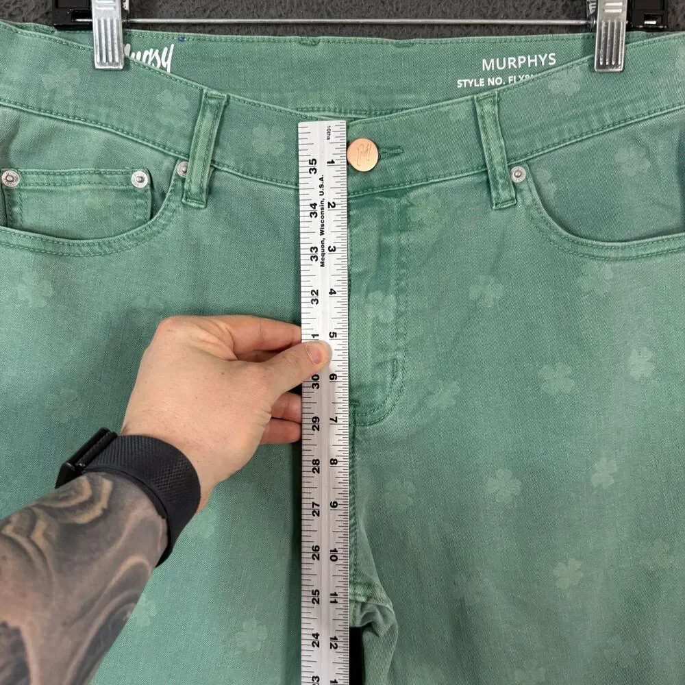 Mugsy Jeans Mens 34x30 Green Murphys Shamrock Slim Fit Stretch Denim Pants